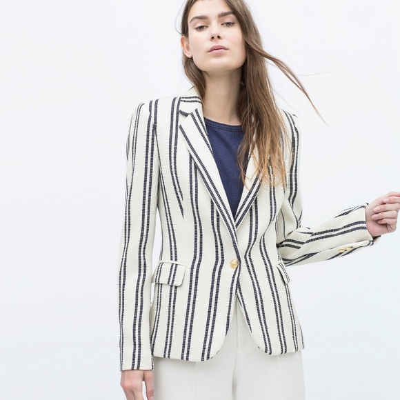 Zara Jackets & Blazers - Zara Woman Navy Striped Gold Button Blazer